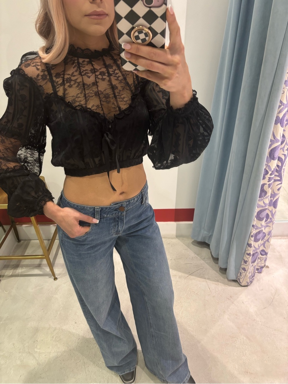 🖤 FOR LOVE & LEMONS Black Lace Long Sleeve Crop Top